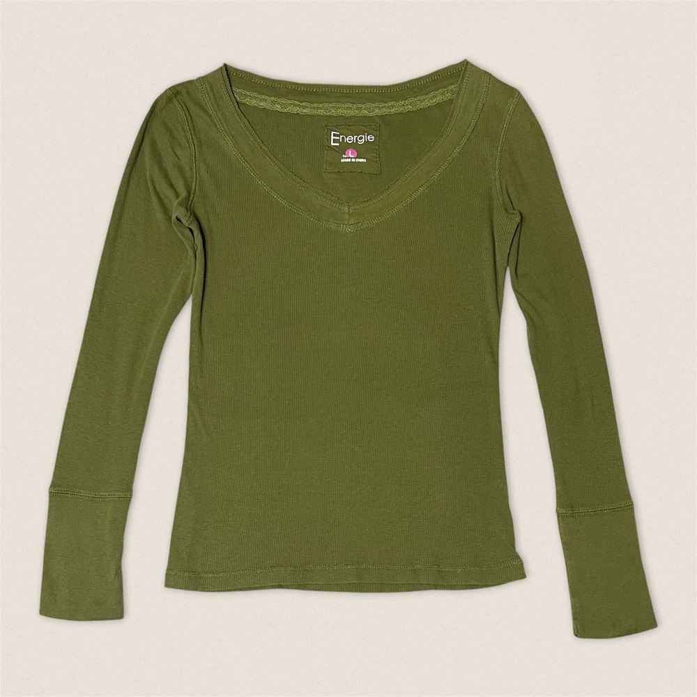 Energie Y2K Long Sleeve Ribbed V-Neck Top Olive Green 100% Cotton - Size Large
